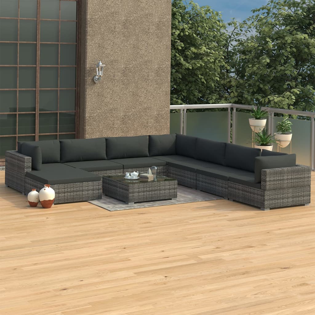 vidaXL 9-tlg. Garten-Lounge-Set mit Kissen Poly Rattan Grau