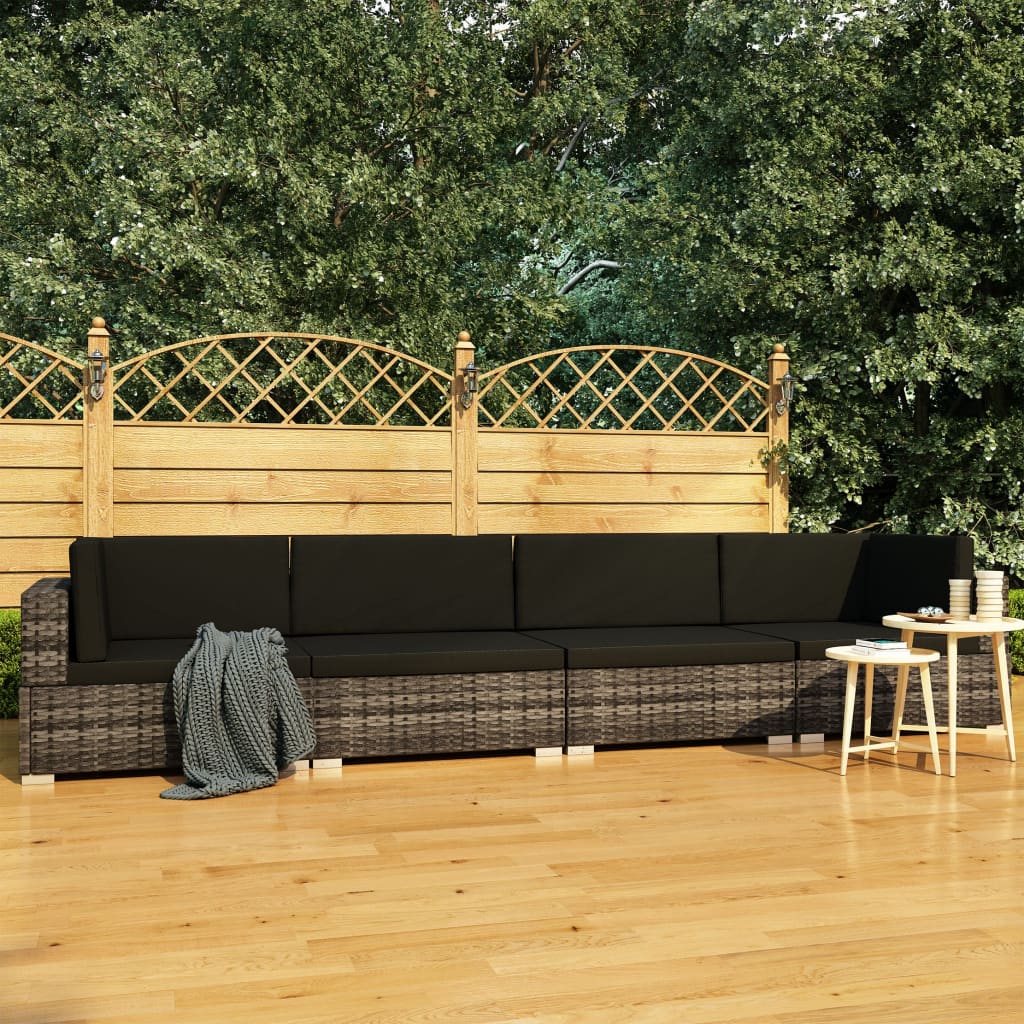 vidaXL 4-tlg. Gartensofa-Set mit Kissen Poly Rattan Grau