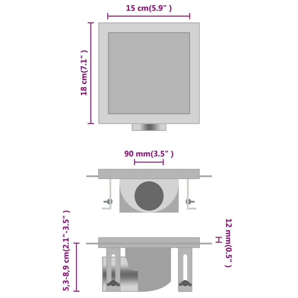 vidaXL Подов сифон за душ 2-в-1 с решетка за вграждане 18x18 см инокс