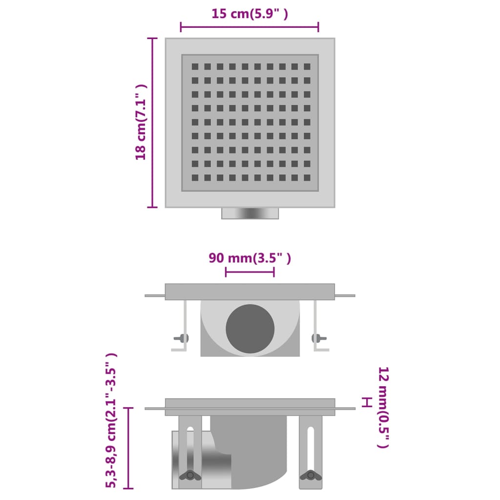 vidaXL Shower Drain 18x18 cm Stainless Steel