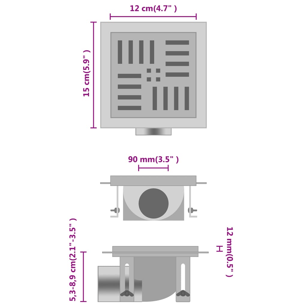 

vidaXL Doucheafvoer 12x12 cm roestvrij staal