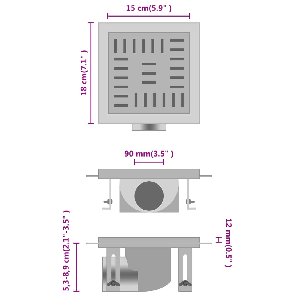 vidaXL Desagüe de ducha con cuadrados de acero inoxidable 18x18 cm