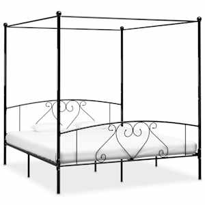 Posteljni okvir z ogrodjem za baldahin črn kovinski 180x200 cm
