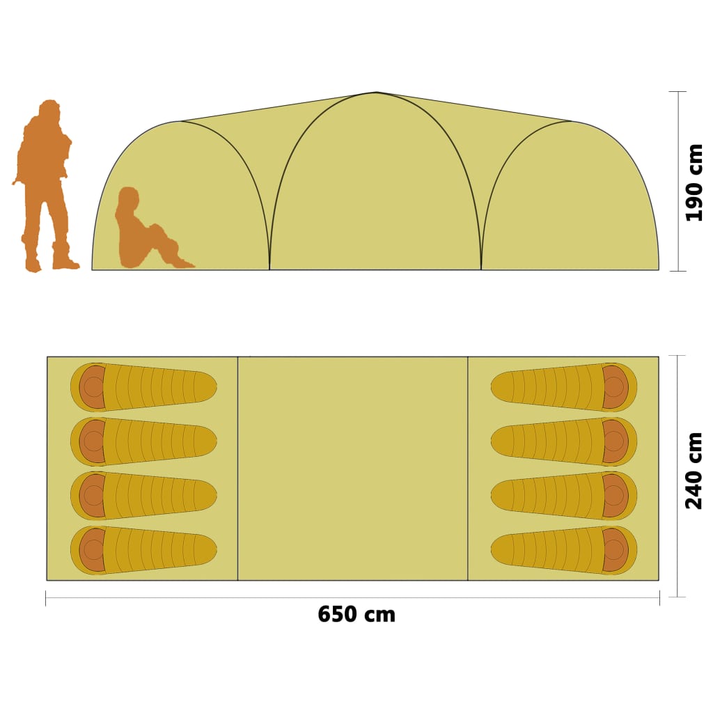 8 személyes sárga iglu kempingsátor 650 x 240 x 190 cm 