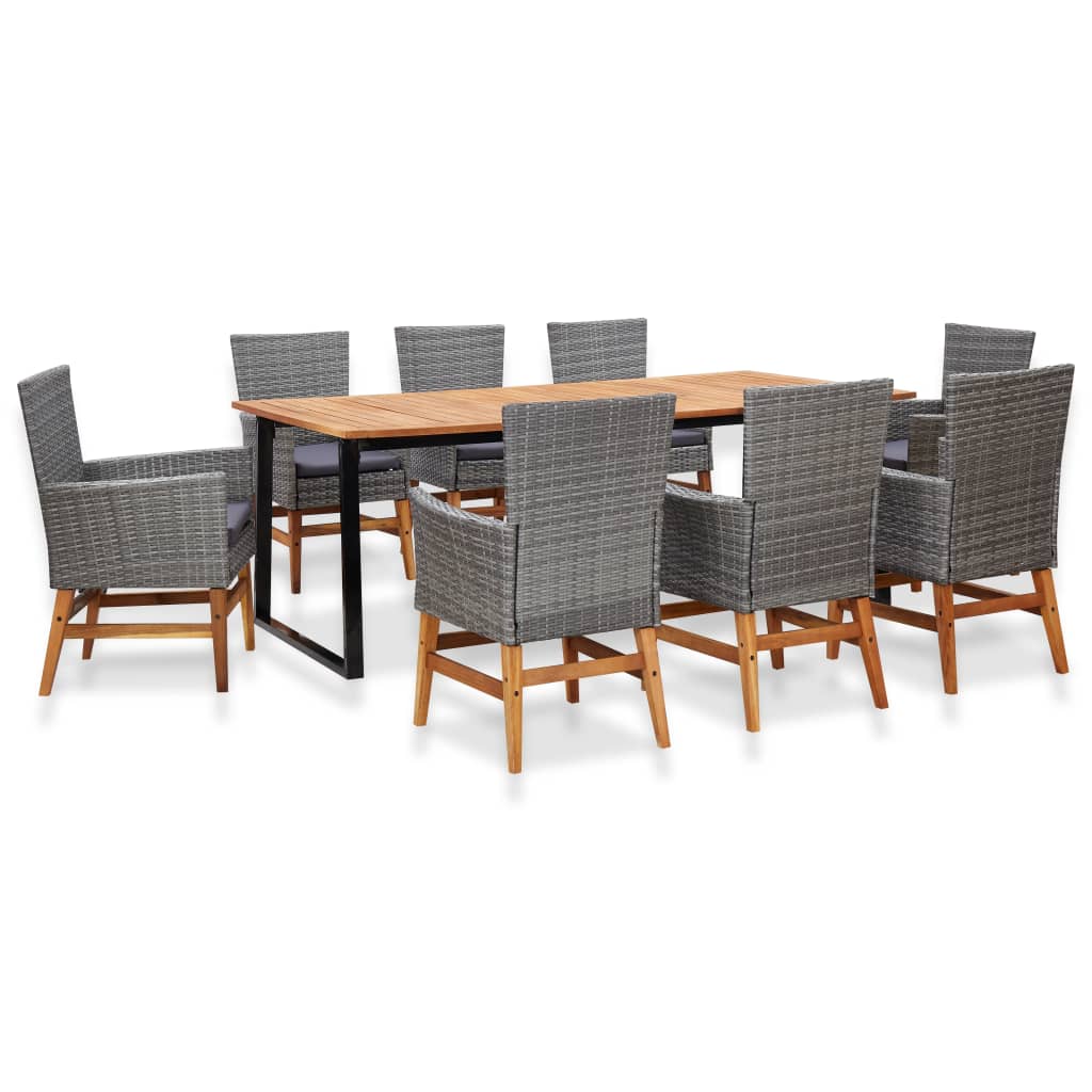 vidaXL Set mobilier de exterior, 9 piese, gri, poliratan, lemn acacia