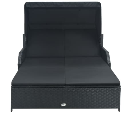 vidaXL Saulės gultas su skliautu, juodas, dviems žmonėms, poliratanas