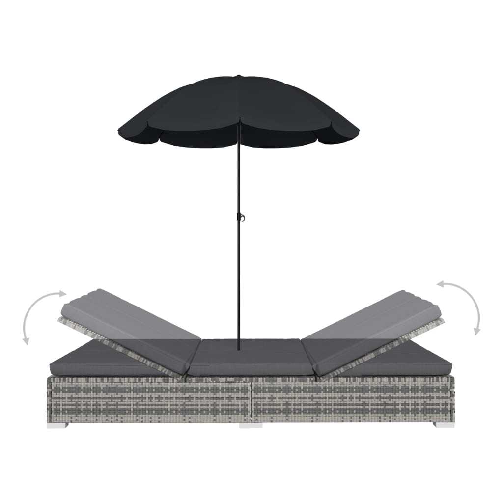 Loungebed met parasol poly rattan grijs