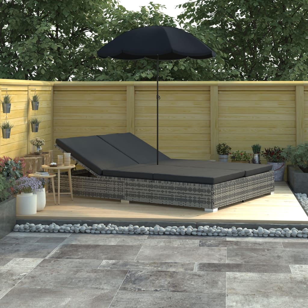 Outdoor-Loungebett mit Sonnenschirm Poly Rattan Grau kaufen