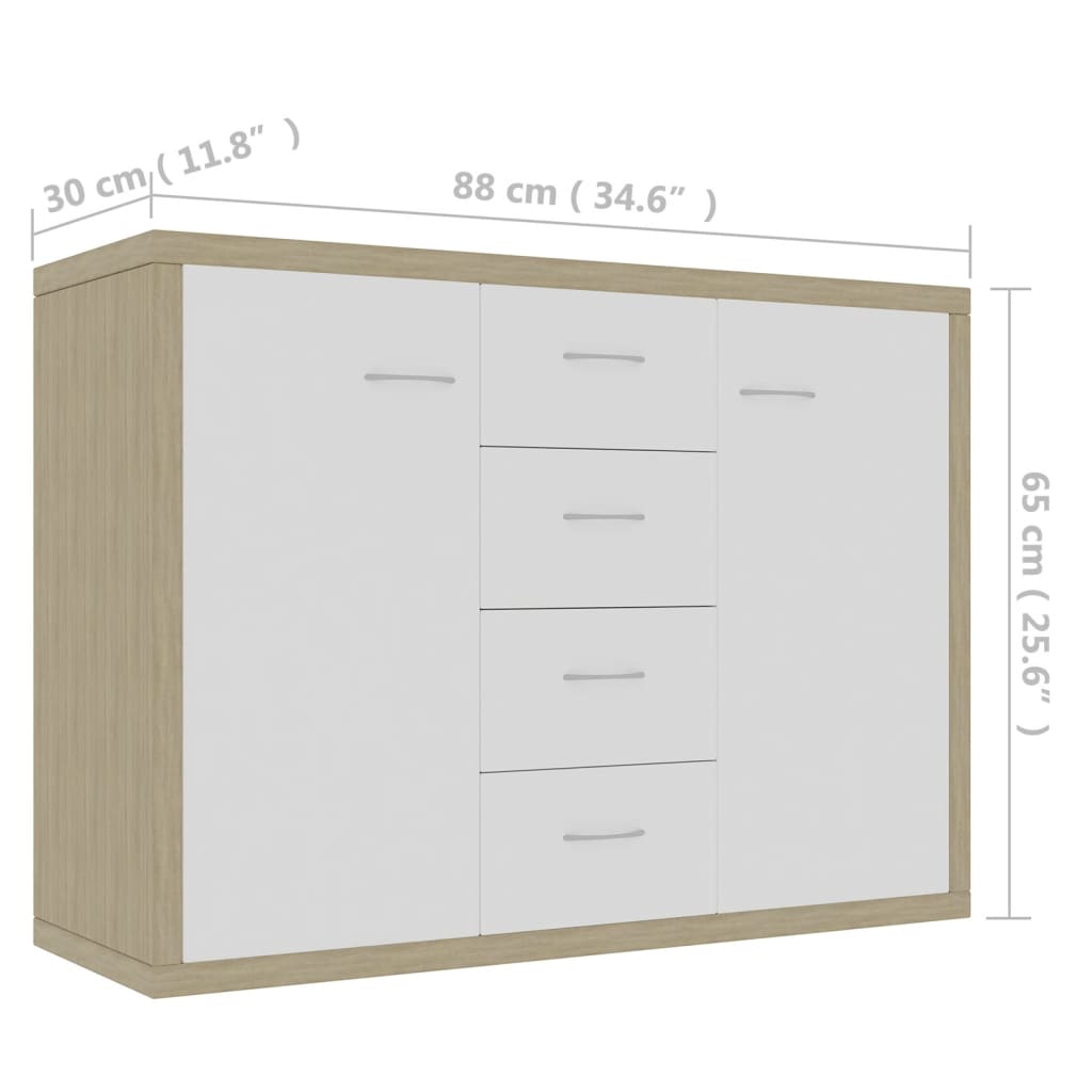 Fehér és sonoma színű forgácslap tálalószekrény 88x30x65 cm 