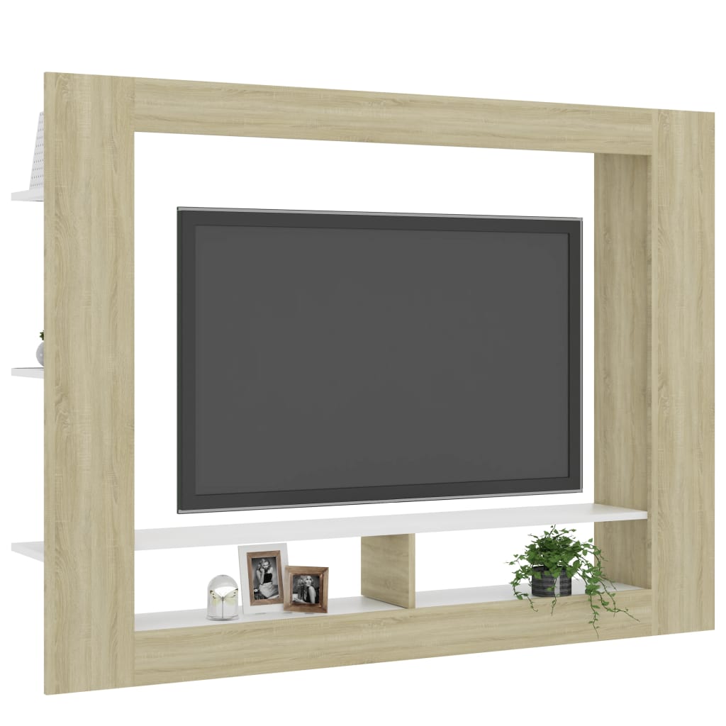 Fehér és sonoma-tölgy forgácslap TV-szekrény 152 x 22 x 113 cm 
