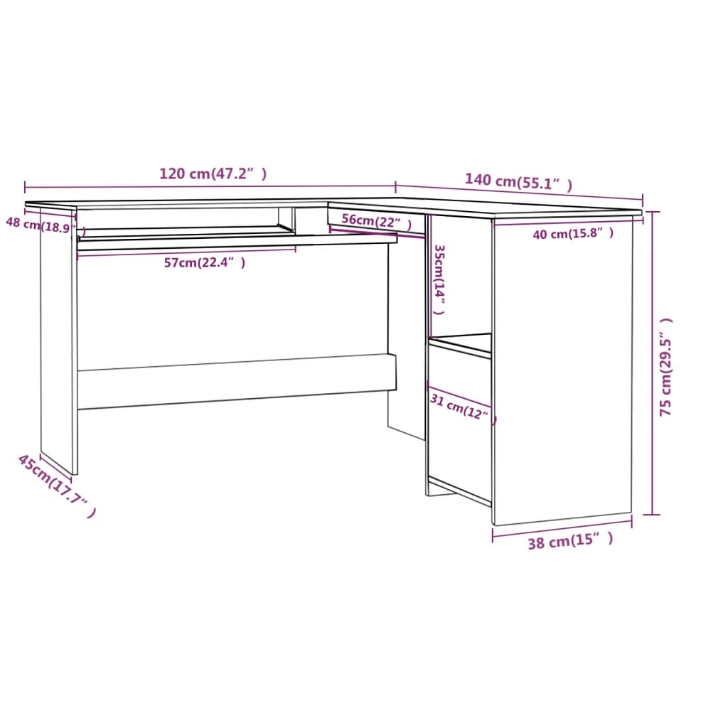 imagem de vidaXL Secretária de canto forma L 120x140x75cm contraplacado cinzento7