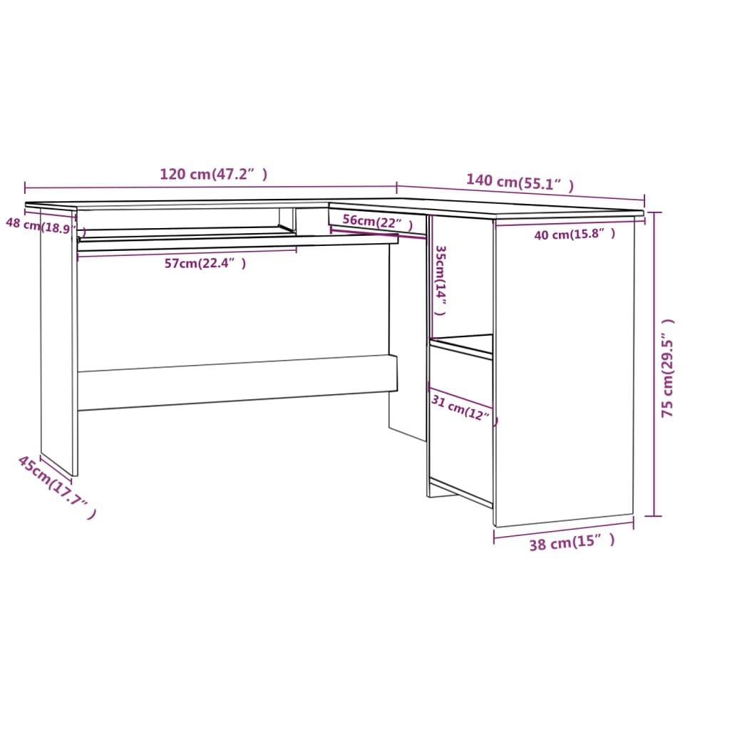  Rohový stôl v tvare L, lesklý čierny 120x140x75cm, drevotrieska