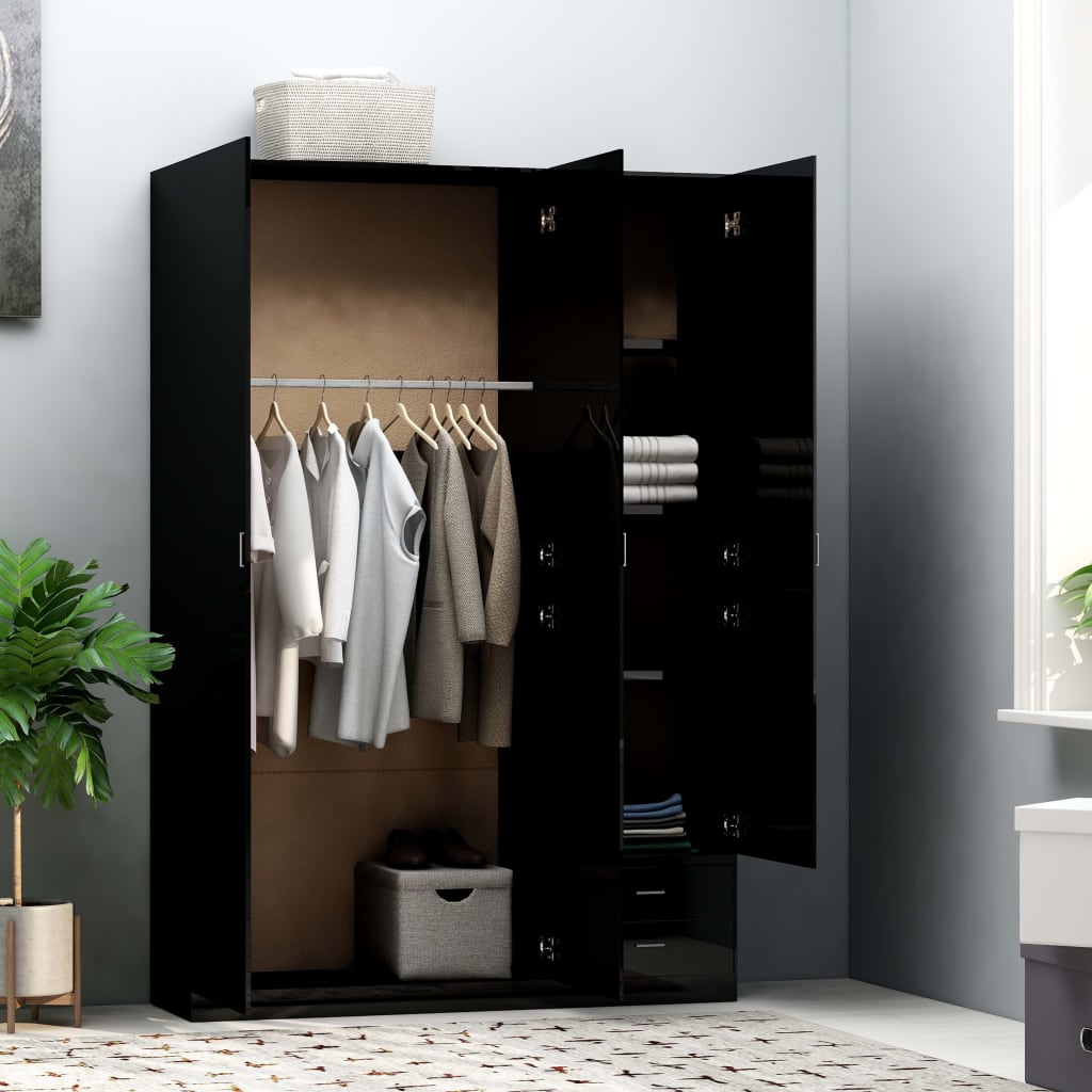 

vidaXL Kledingkast 3-deurs 120x50x180 cm spaanplaat hoogglans zwart