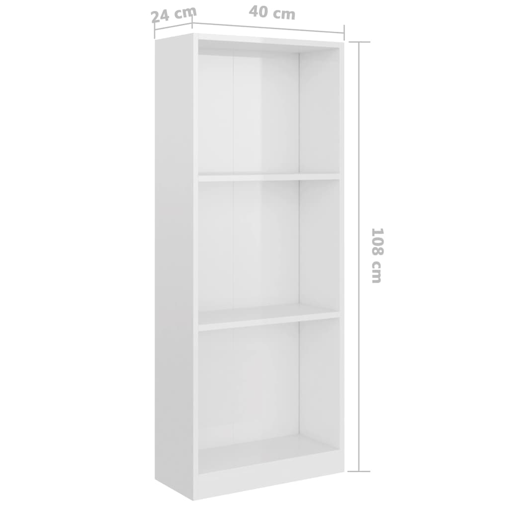 3-szintes magasfényű fehér forgácslap könyvszekrény 40x24x108cm 