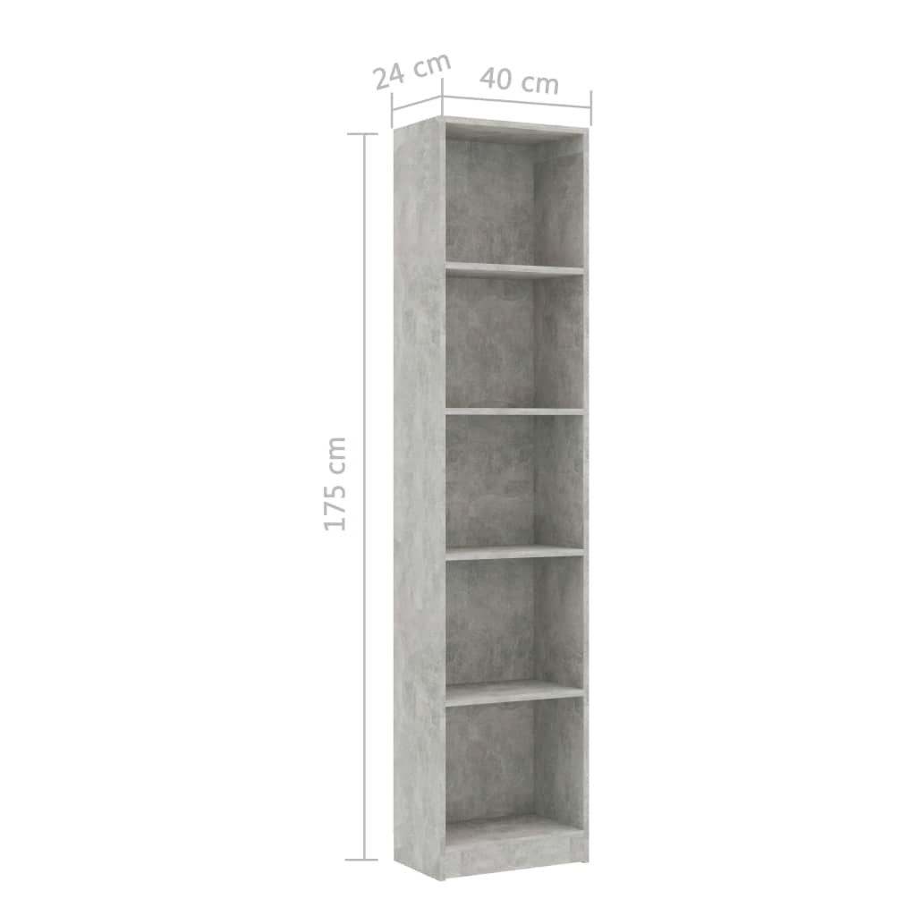 5-szintes betonszürke forgácslap könyvszekrény 40 x 24 x 175 cm 