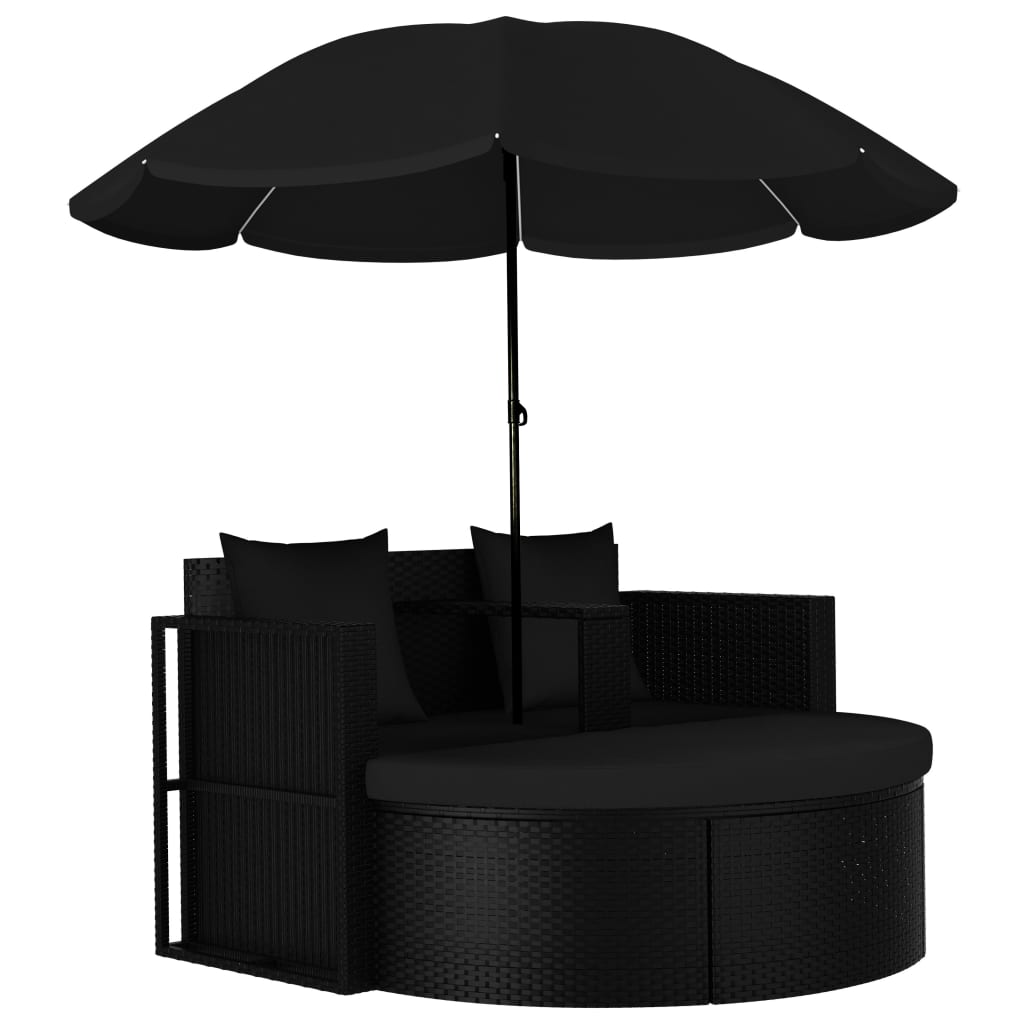 vidaXL Pat de grădină cu umbrelă de soare, negru, poliratan vidaxl.ro