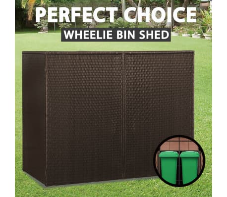 vidaXL Double Wheelie Bin Shed Weather Resistant Durable Outdoor Garden Trash Bin Covers Opening Doors Brown 153x78x120cm Poly Rattan