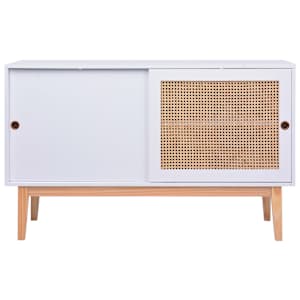 vidaXL Šoninė spintelė, baltos spalvos, 130x40x80cm, MDF ir ratanas