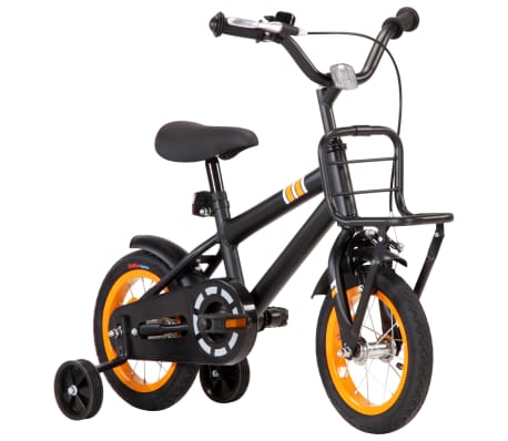 vidaXL Детски велосипед с преден багажник, 12 цола, черно и оранжево