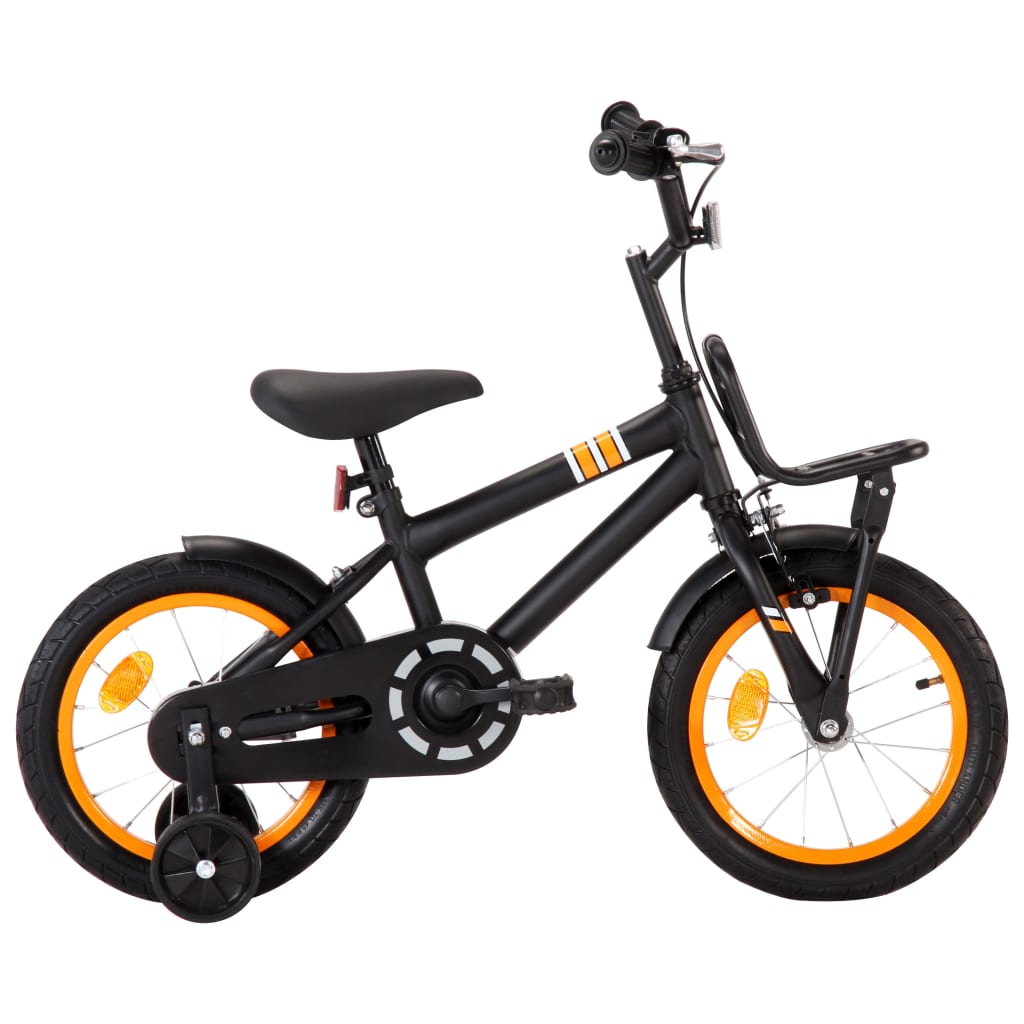 vidaXL Bicicletă copii cu suport frontal, negru și portocaliu, 14 inci vidaXL