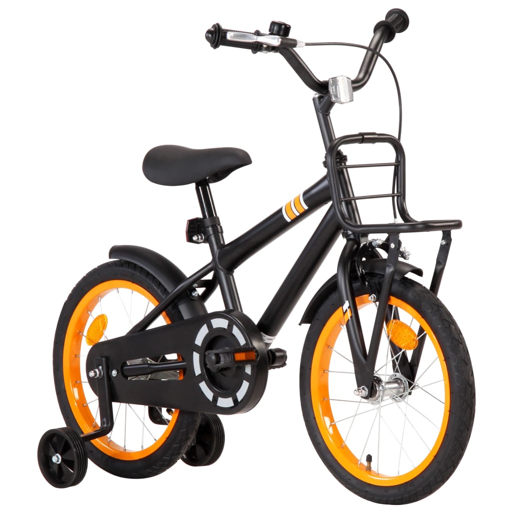 vidaXL Barnesykkel med bagasjebrett foran 16 tommer svart og oransje