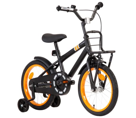vidaXL Детски велосипед с преден багажник, 16 цола, черно и оранжево