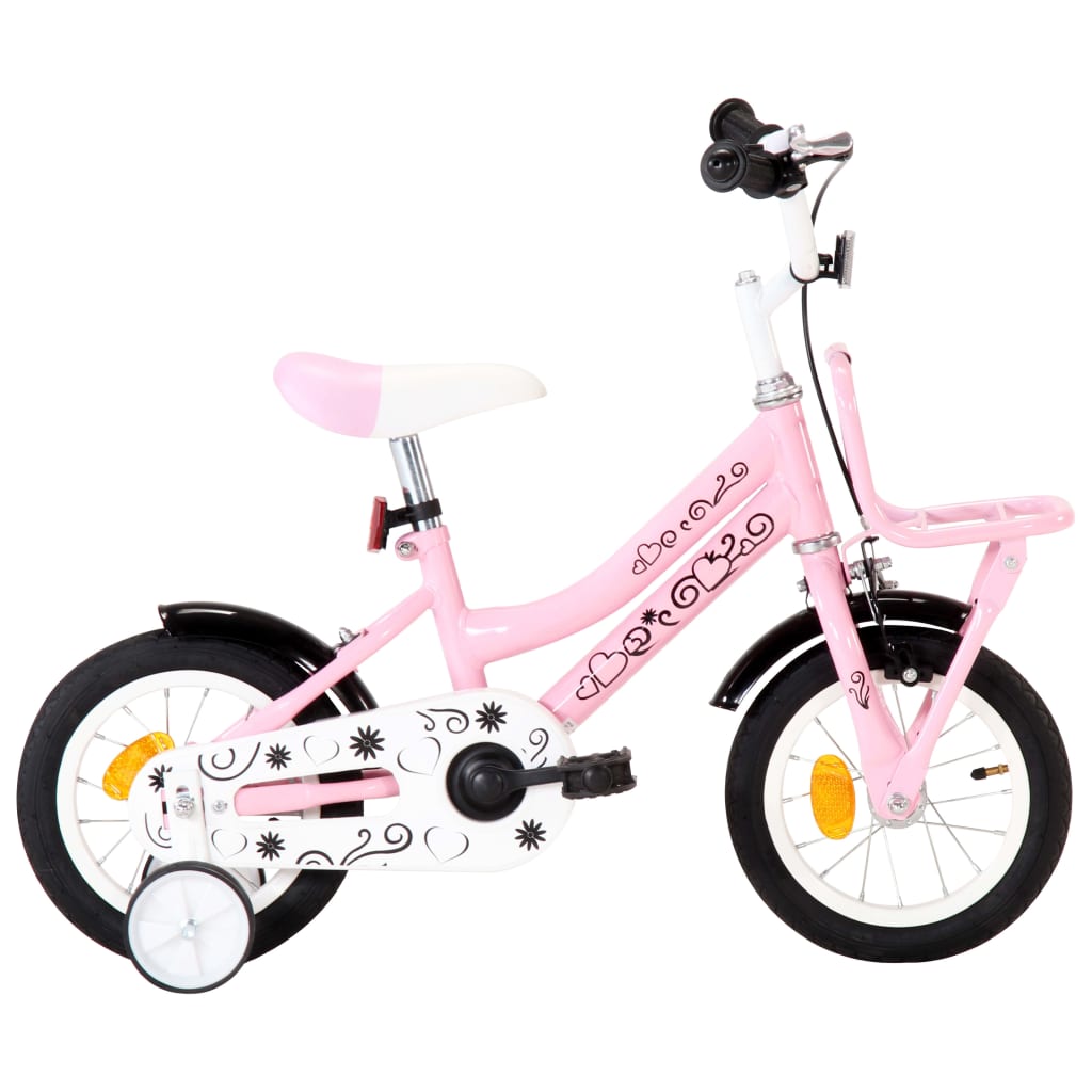 vidaXL Bicicletă copii cu suport frontal, alb și roz, 12 inci vidaxl.ro