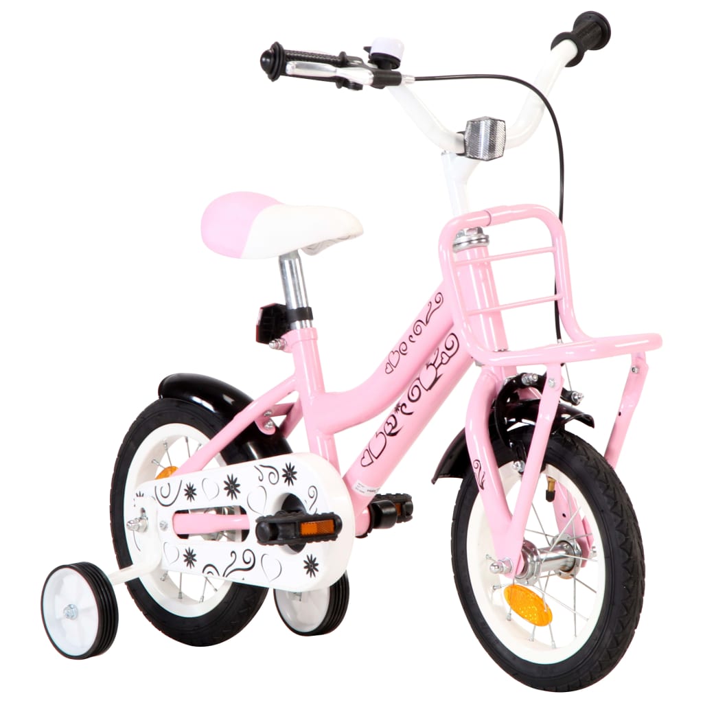 vidaXL Bicicleta niños y portaequipajes delantero 12" blanca y rosa