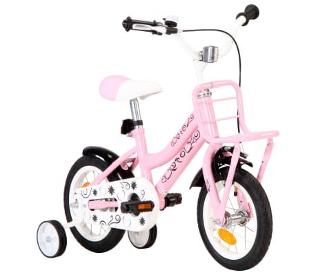 vidaXL Kinderfiets met voordrager 12 inch wit en roze