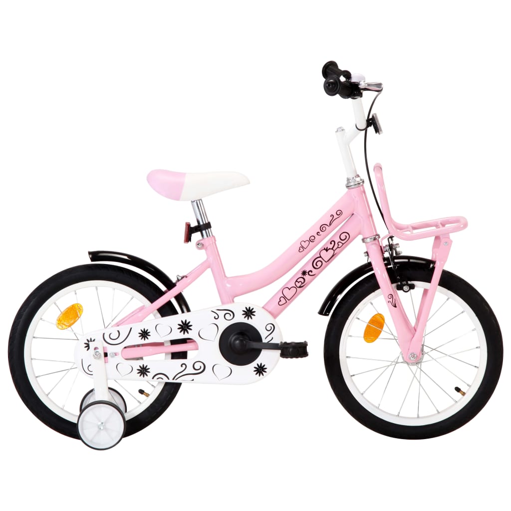 vidaXL Bicicletă copii cu suport frontal, alb și roz, 16 inci vidaxl.ro