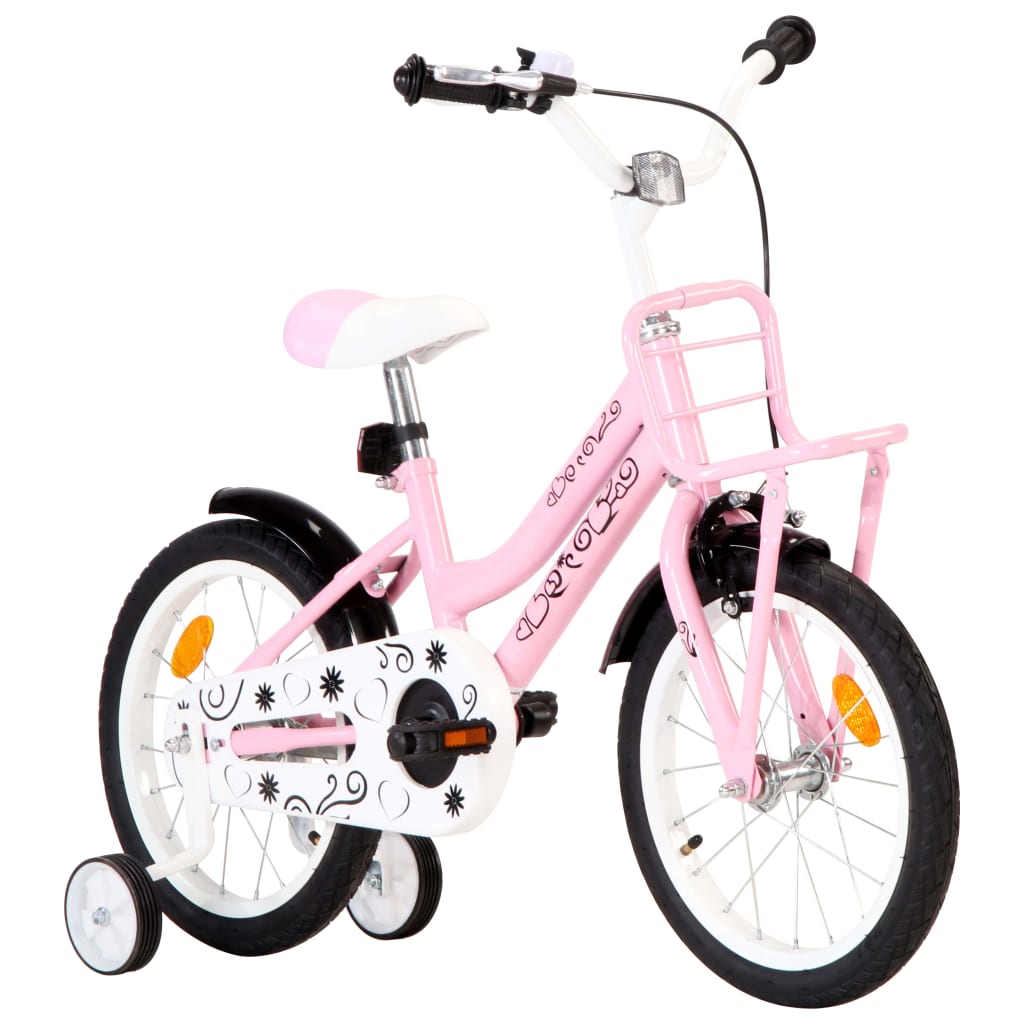 vidaXL Barncykel med frampakethållare 16 tum vit och rosa