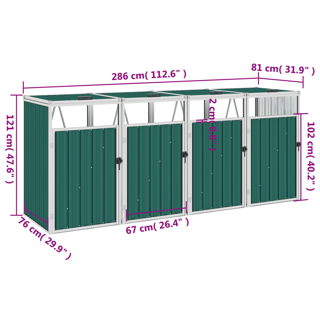 Afvalbakberging vierdubbel 286x81x121 cm staal groen