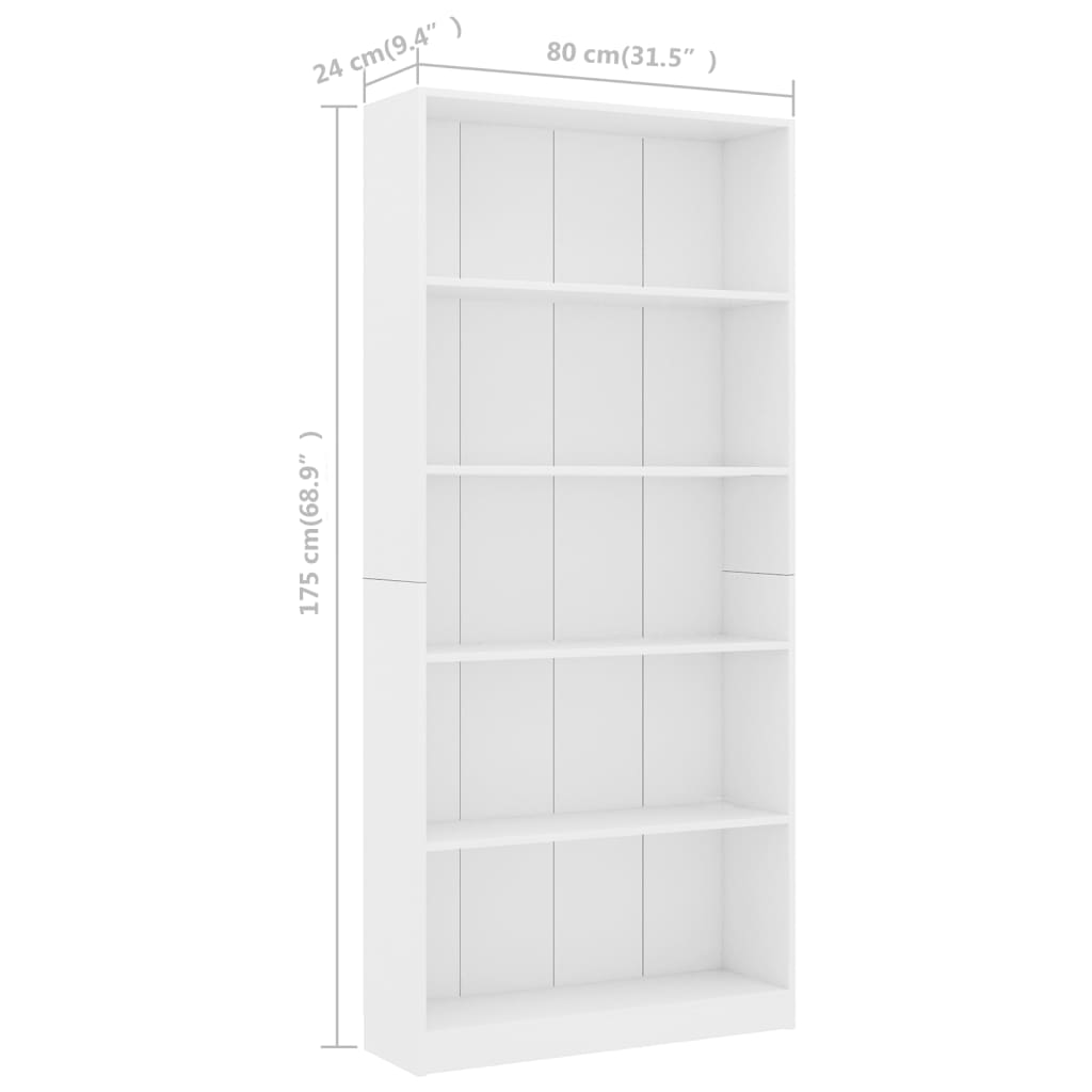 5-szintes fehér forgácslap könyvszekrény 80 x 24 x 175 cm 