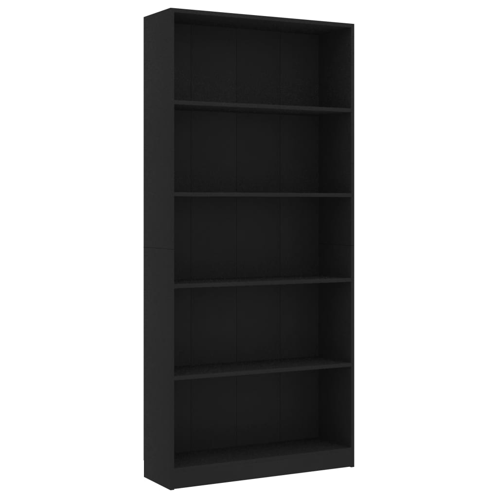 5-szintes fekete forgácslap könyvszekrény 80 x 24 x 175 cm 