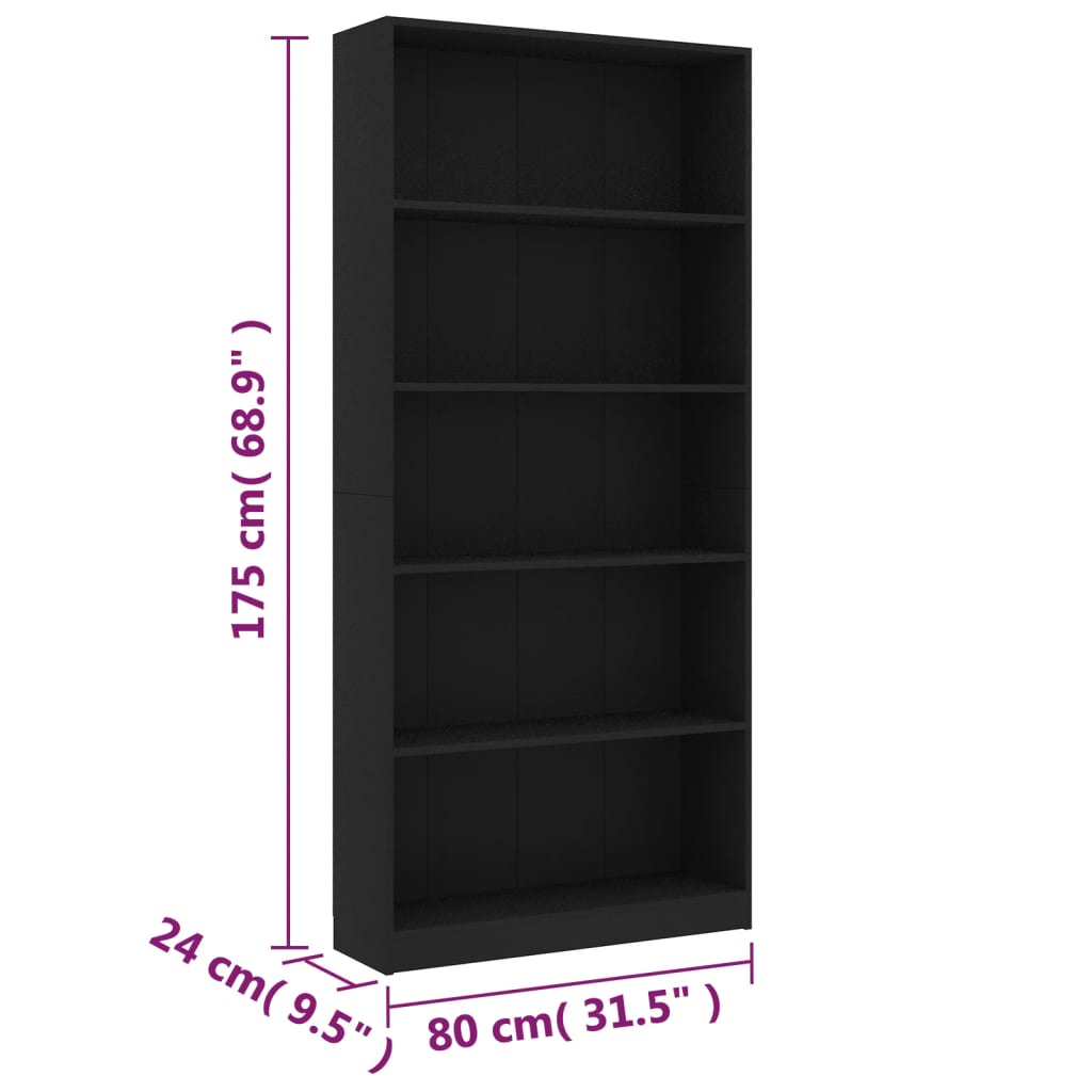 5-szintes fekete forgácslap könyvszekrény 80 x 24 x 175 cm 