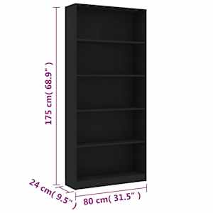 5patrová knihovna černá 80 x 24 x 175 cm kompozitní dřevo - obrázek 6