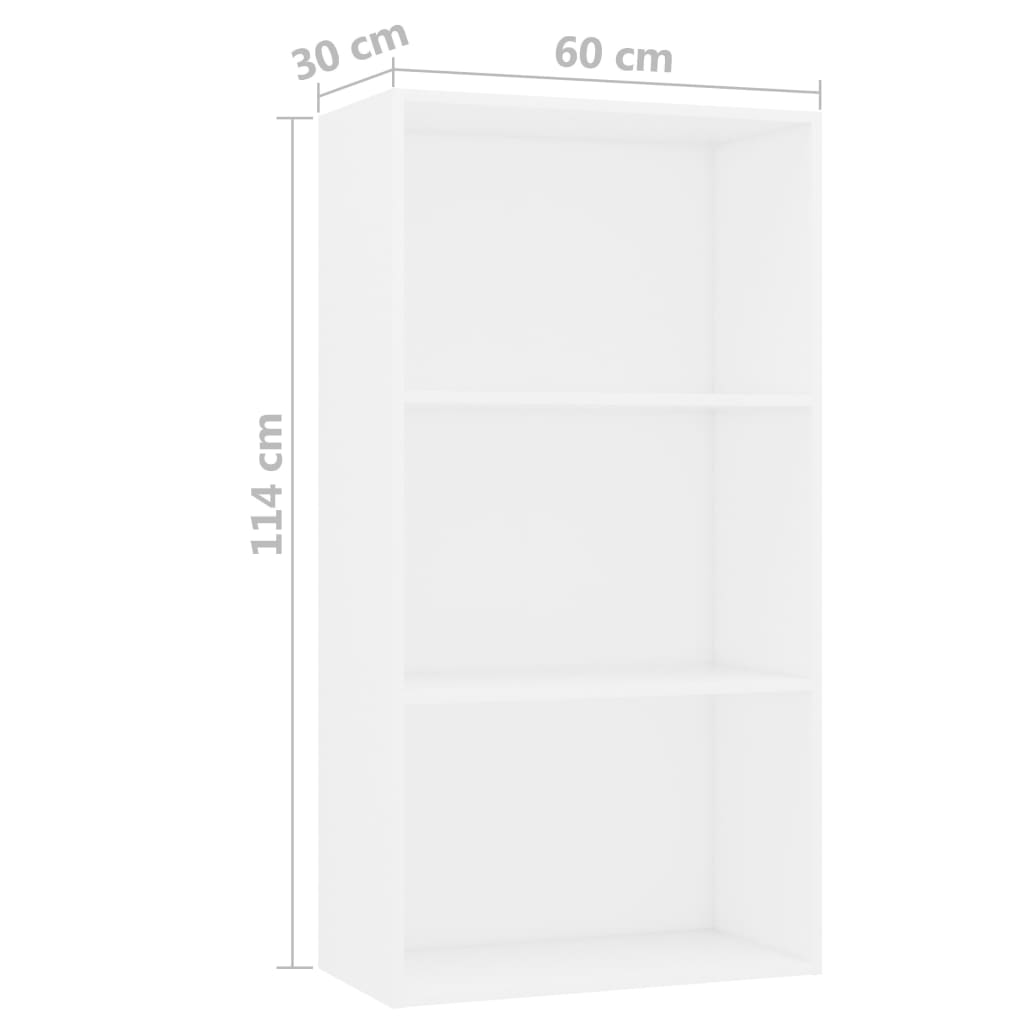 3-szintes fehér forgácslap könyvszekrény 60 x 30 x 114 cm 