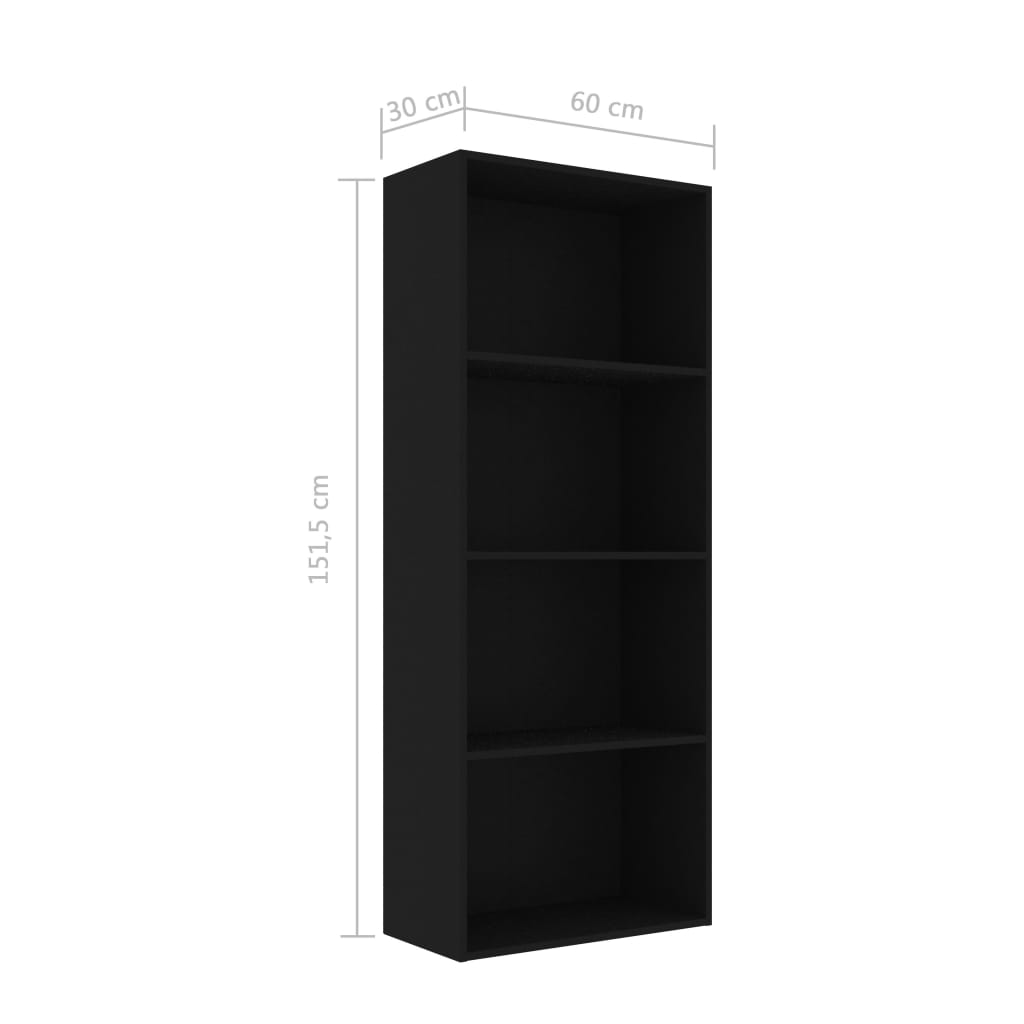 Bibliotecă cu 4 rafturi, negru, 60 x 30 x 151,5 cm, PAL