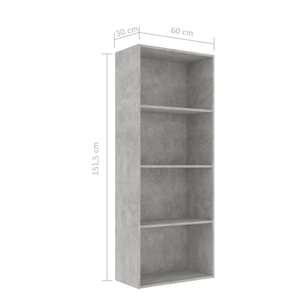Bibliotecă cu 4 rafturi, gri beton, 60 x 30 x 151,5 cm, PAL