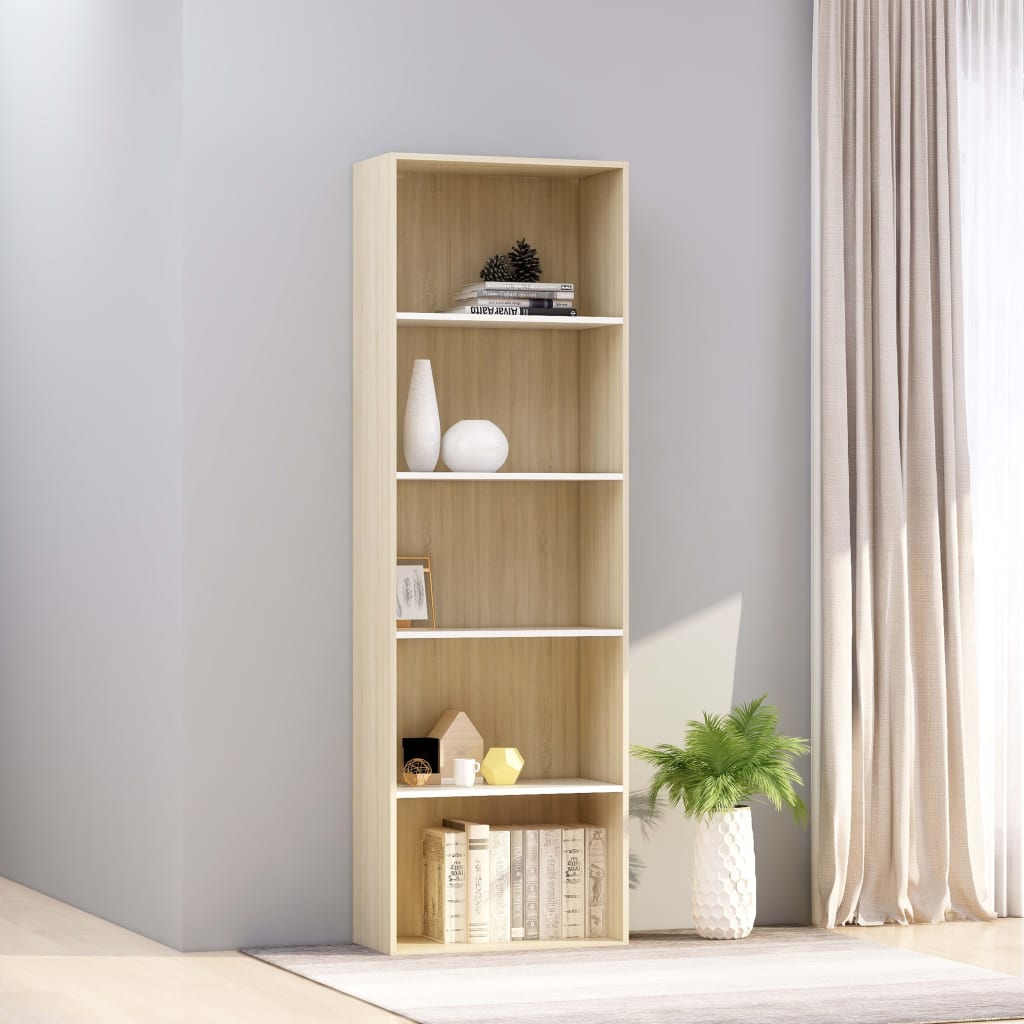 vidaXL Bücherregal 5 Fächer Weiß Sonoma-Eiche 60x30x189 Holzwerkstoff