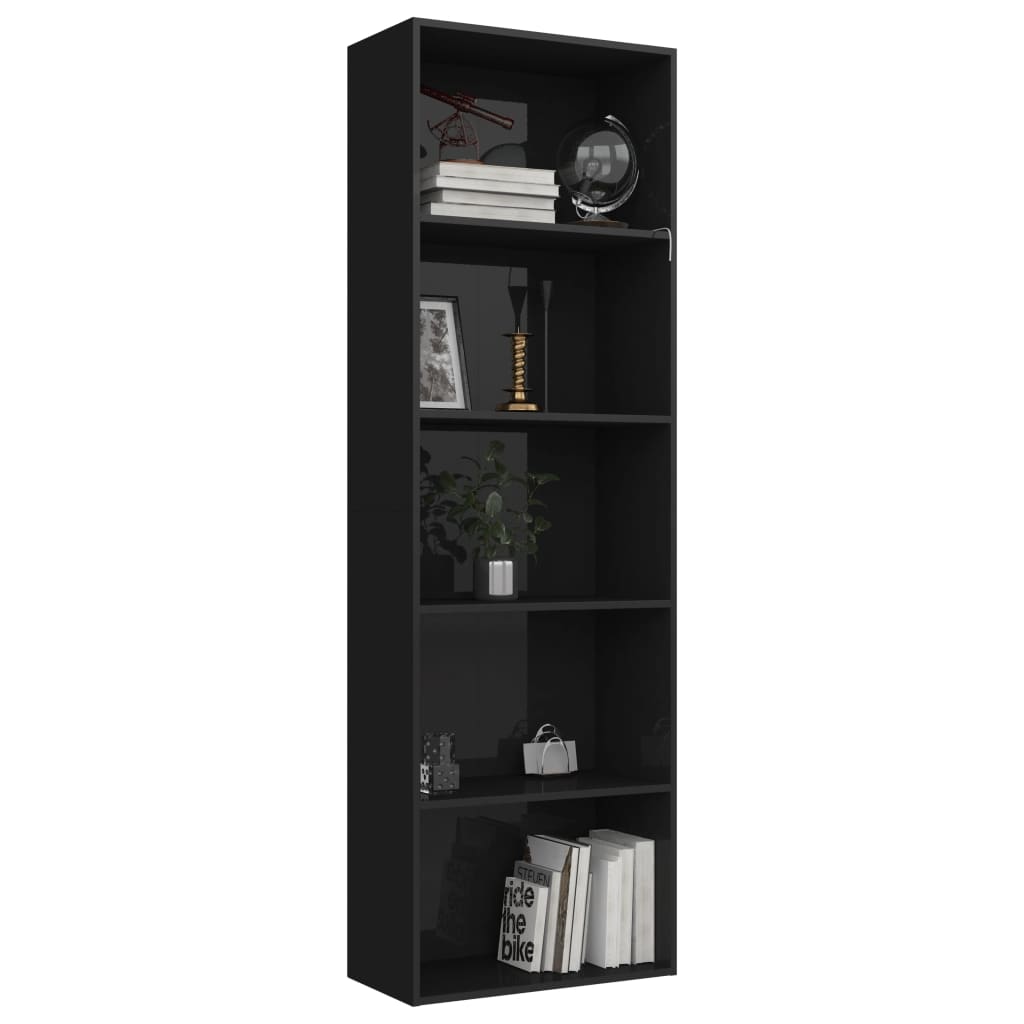 vidaXL Bücherregal 5 Fächer Hochglanz-Schwarz 60x30x189 Holzwerkstoff