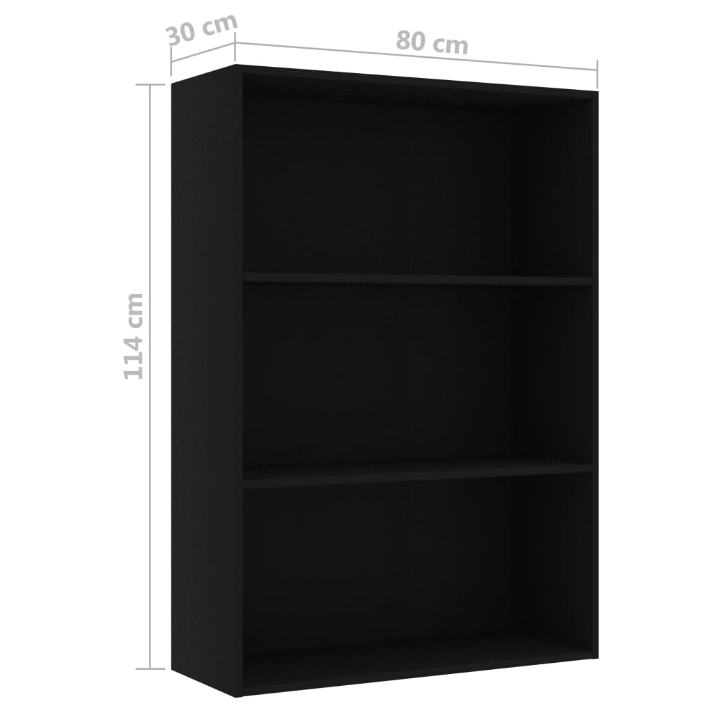 Bibliotecă cu 3 rafturi, negru, 80 x 30 x 114 cm, PAL