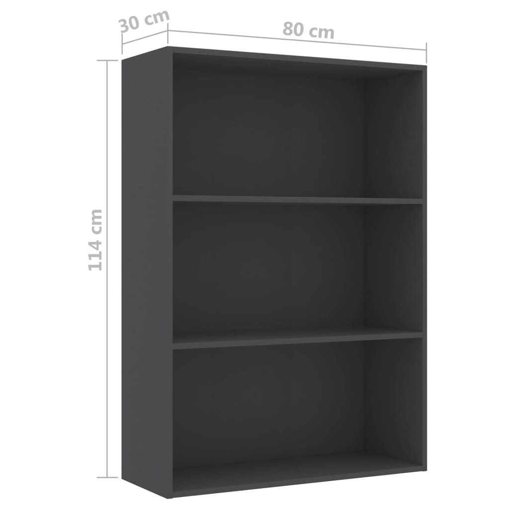 Bibliotecă cu 3 rafturi, gri, 80 x 30 x 114 cm, PAL