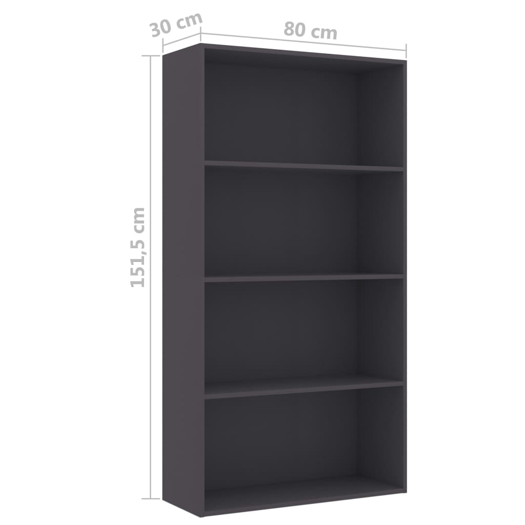Bibliotecă cu 4 rafturi, gri, 80 x 30 x 151,5 cm, PAL