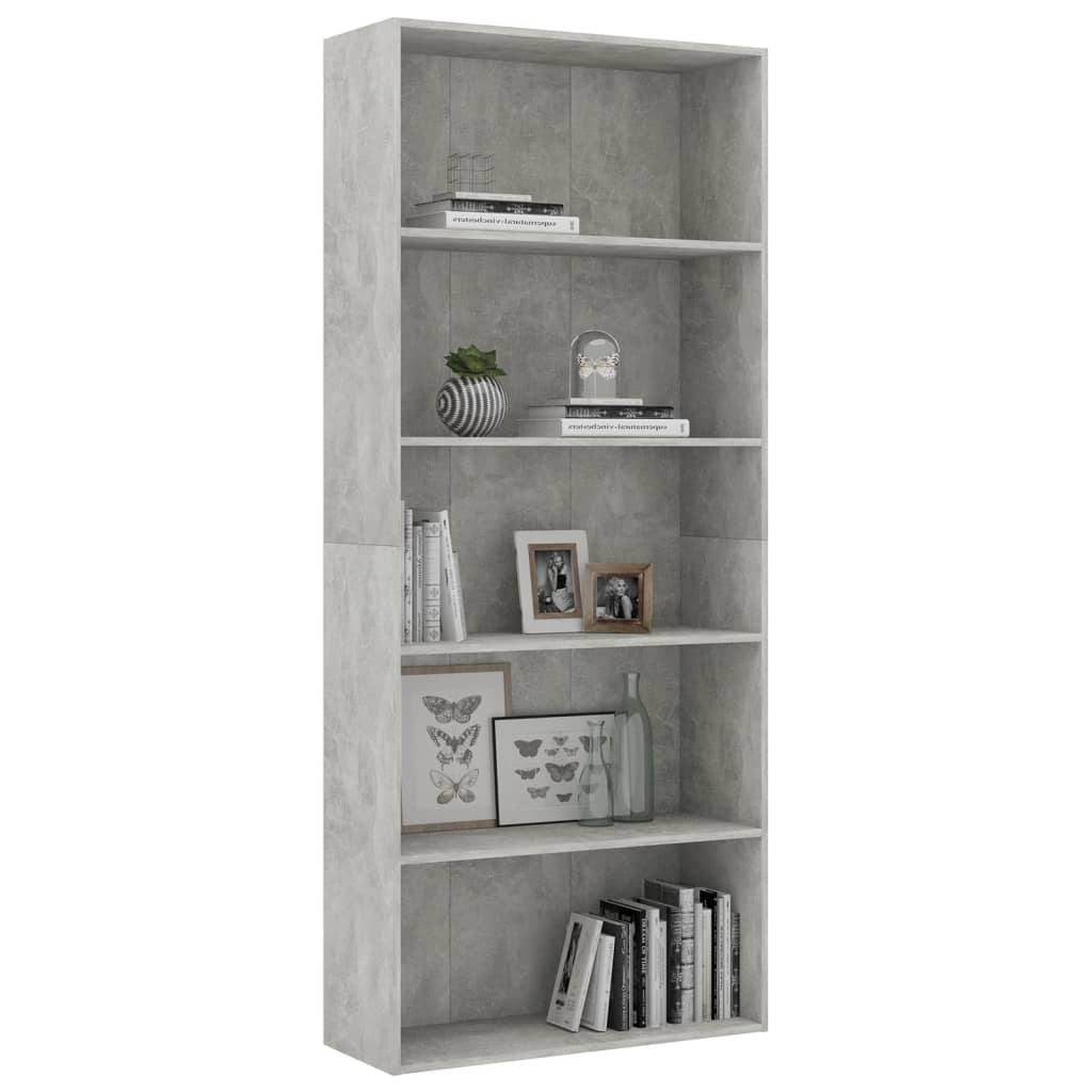 

vidaXL Boekenkast met 5 schappen 80x30x189 cm spaanplaat betongrijs