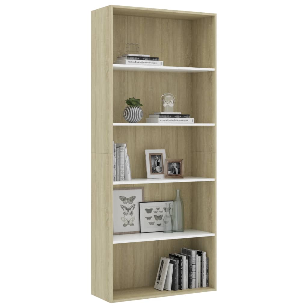 vidaXL Bücherregal 5 Fächer Weiß Sonoma-Eiche 80x30x189 Holzwerkstoff