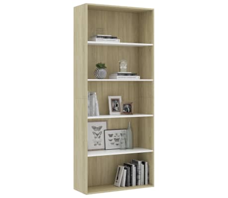 vidaXL Bibliotecă cu 5 rafturi, alb & stejar sonoma, 80x30x189 cm, PAL