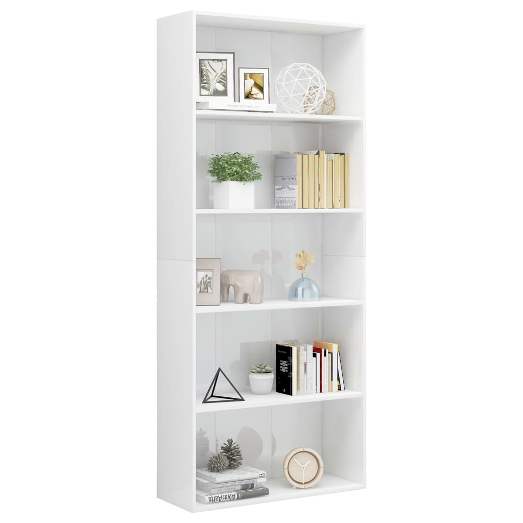 vidaXL Bücherregal 5 Fächer Hochglanz-Weiß 80x30x189 cm Holzwerkstoff