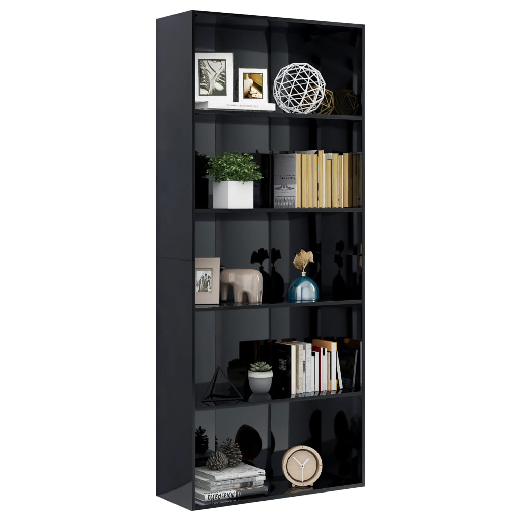 vidaXL Bücherregal 5 Fächer Hochglanz-Schwarz 80x30x189 cm