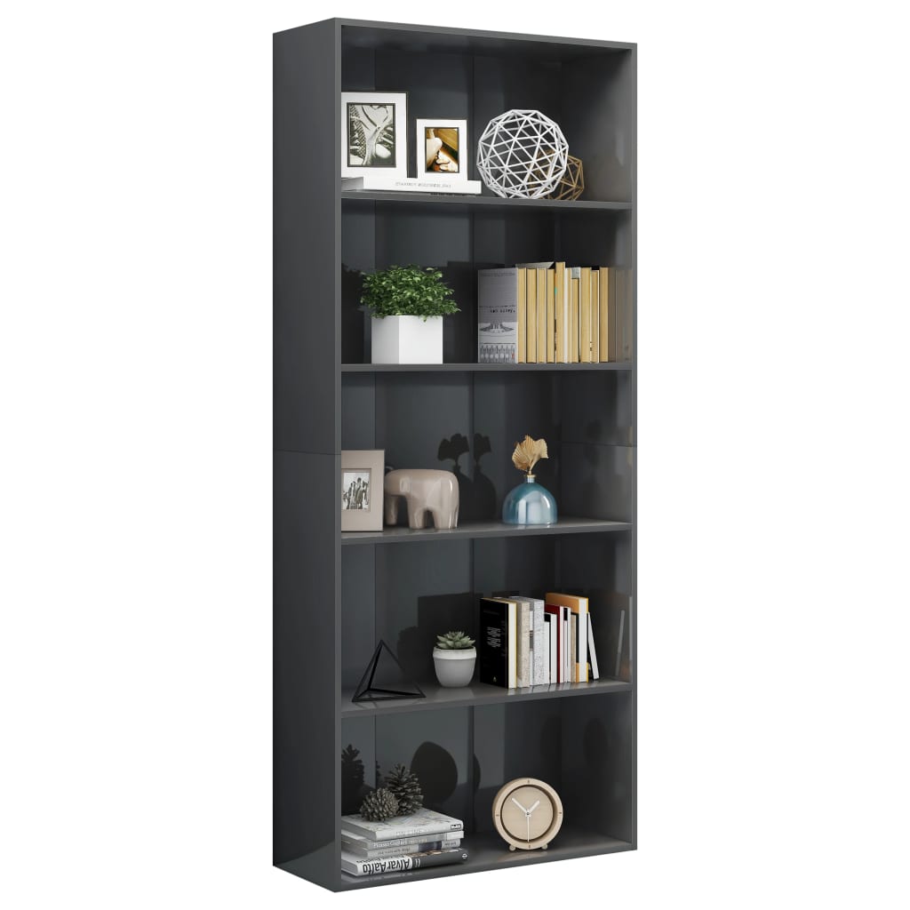 vidaXL 5-Tier Book Cabinet High Gloss Gray 31.5"x11.8"x74.4" Engineered Wood